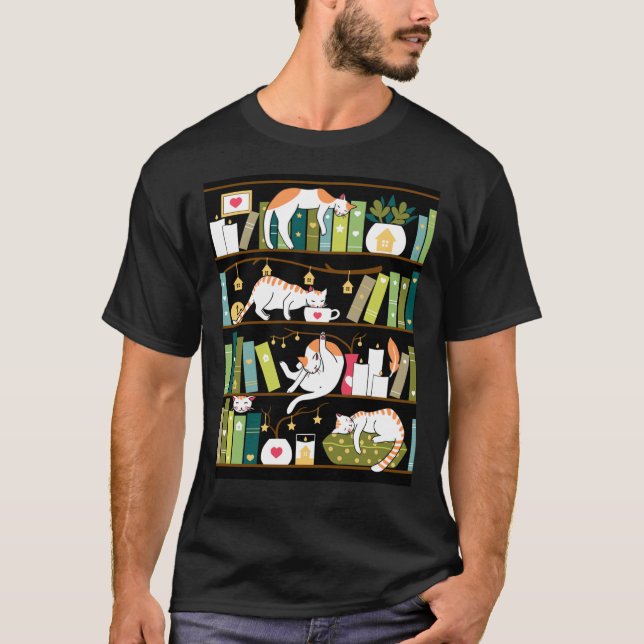 Camiseta Gatos de biblioteca - gatos caprichosos en los est (Anverso)