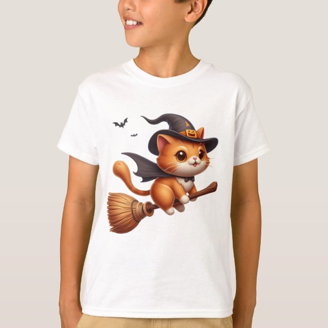 Camiseta Gatos De Brujas De Halloween Montando Bats De Broo (Anverso)