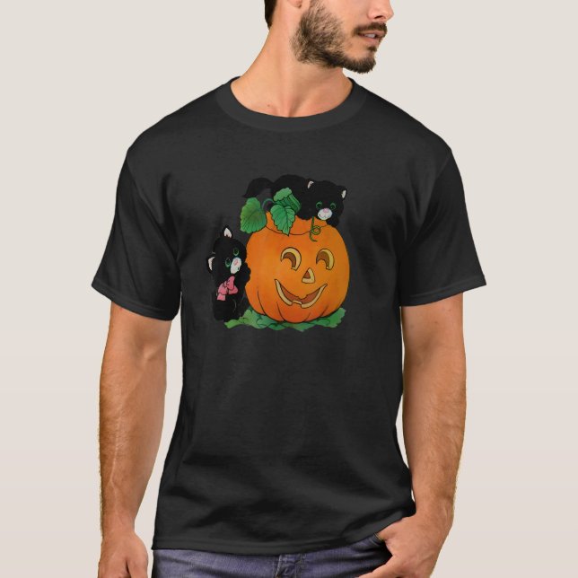 Camiseta Gatos de calabaza tallados Jack O Lantern Gato Hal (Anverso)