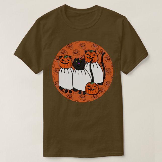 Camiseta Gatos de horror en disfraces de cabeza de calabaza (Diseño del anverso)