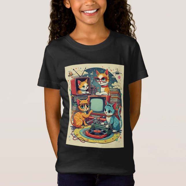 Camiseta Gatos de mediados de siglo con registros retro y T (Anverso)