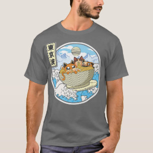 Camiseta Gatos De Surf Comiendo Ramen Bowl Ondas Japonesas 