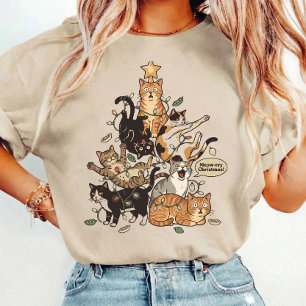 Camiseta Gatos Divertidos Árbol de Navidad Luces Enredadas