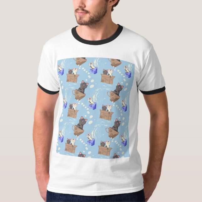 Camiseta Gatos en caja y gotas de leche en azul (Anverso)