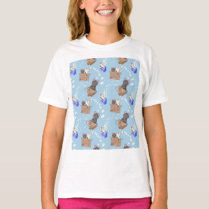 Camiseta Gatos en caja y gotas de leche en azul