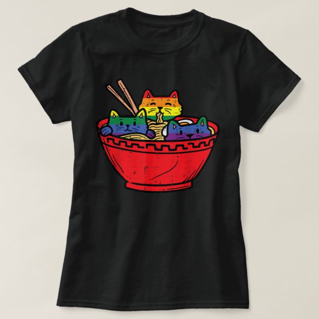 Camiseta Gatos en Ramen Anime alimentan a LGBTQ Gay Bandera (Diseño del anverso)