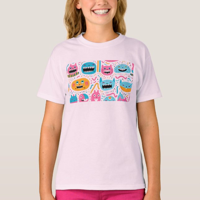 Camiseta Gatos felices y caras de monstruo (Anverso)