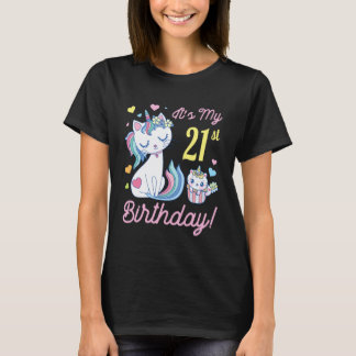 Camiseta Gatos Flores 21 Años Cumpleaños Feliz Día Es Mi 21
