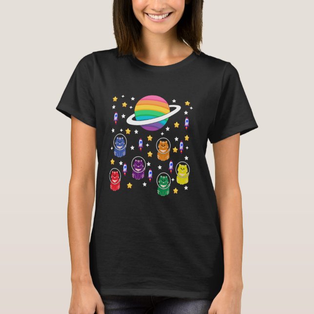 Camiseta Gatos Gays En El Espacio Orgullo Arcoíris (Anverso)