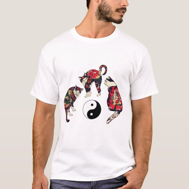 CAMISETA GATOS JAPONESES, DRAGON RED DEVIL TATTOOS, YIN YAN (Anverso)