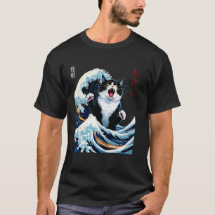 Camiseta Gatos japoneses Kawaii Tee Japón Gato y Ola de Kan