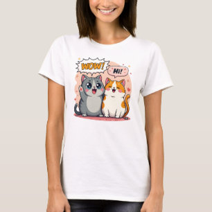 Camiseta Gatos Kawaii Adorables Diciendo Wow y Hola Arte Có