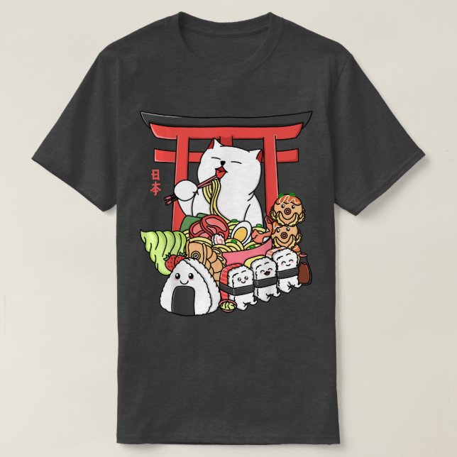 Camiseta Gatos Kawaii Cute comiendo comida japonesa Ramen  (Diseño del anverso)
