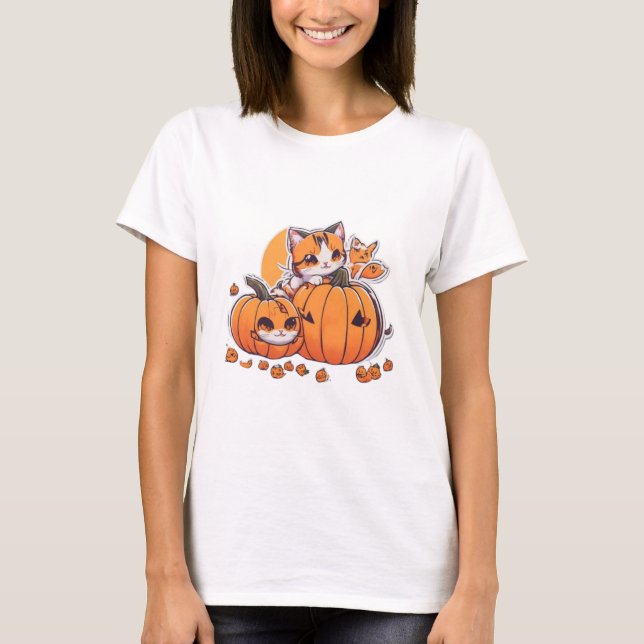 Camiseta Gatos kawaii jugando con una calabaza pequeña, Hal (Anverso)