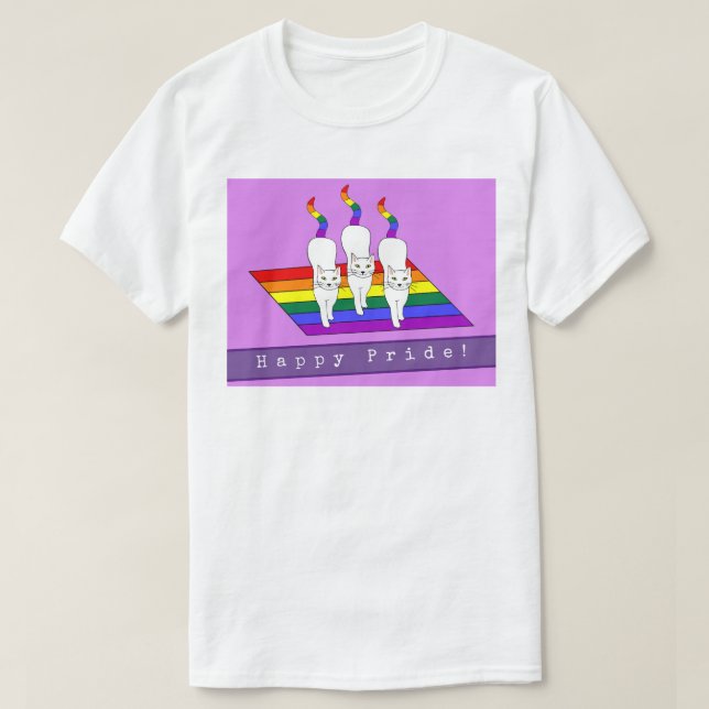 Camiseta Gatos LGBT Feliz Orgullo Con Bandera de Arcoíris (Diseño del anverso)