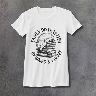 Camiseta Gatos, Libros y Café Mujer Ajustado
