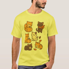 Camiseta Gatos lindos de otoño con calabazas y hojas caídas