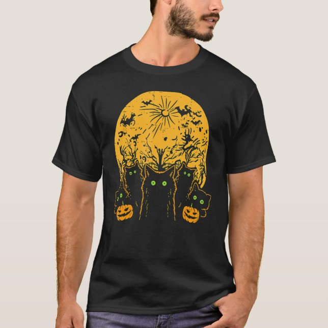 Camiseta Gatos Luna Completa Halloween Mascota Animal Hombr (Anverso)