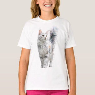 Camiseta Gatos Maine Coon de Acuarela Blanca Esponjosa para