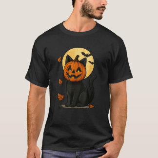 Camiseta Gatos negros con máscara de calabaza bajo la luna 