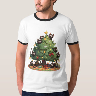 Camiseta Gatos Negros Divertidos Caos en el Árbol de Navida