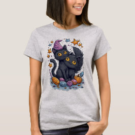 Camiseta Gatos negros HALLOWEEN con dulces y estrellas