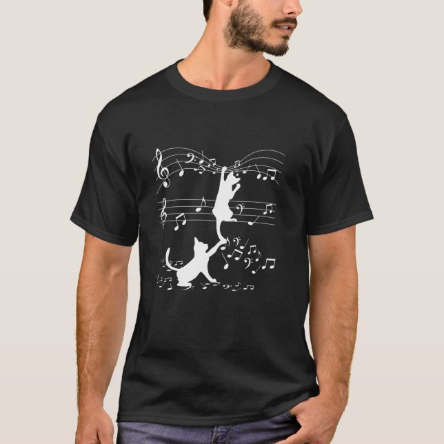 Camiseta Gatos Negros Jugando Con Nota De Música Diseño De  (Anverso)