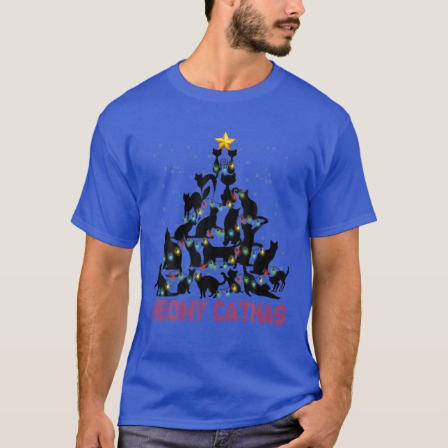 Camiseta Gatos negros Meowy Catmas Árbol de Navidad Luces O (Anverso)