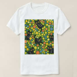Camiseta Gatos Negros | Patrón Floral de Pradera de Gatos N