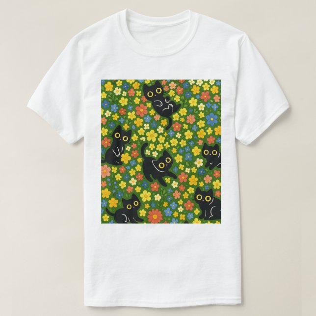 Camiseta Gatos Negros | Patrón Floral de Pradera de Gatos N (Diseño del anverso)