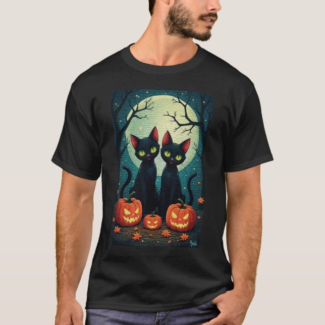 Camiseta Gatos negros y linternas Jack-O' bajo la luna llen (Anverso)