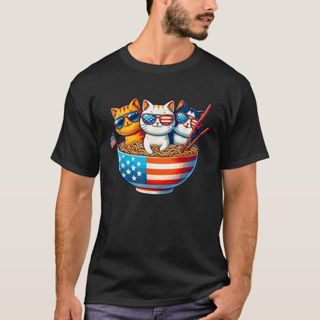 Camiseta Gatos Ramen Anime Bandera Estadounidense Estados U (Anverso)