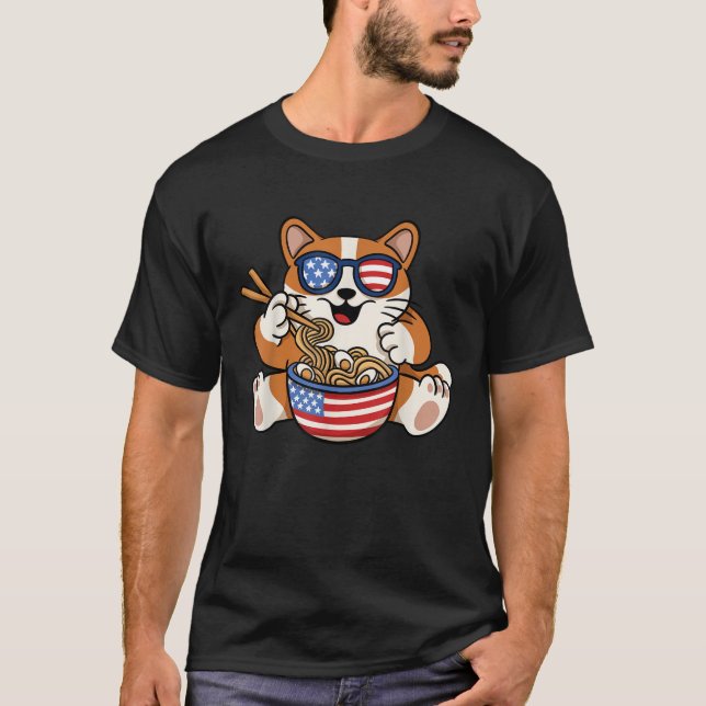Camiseta Gatos Ramen Anime Bandera Estadounidense Estados U (Anverso)