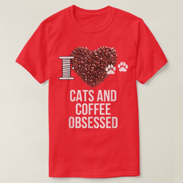 Camiseta Gatos y café obsesionados Amo los gatos y corazón  (Diseño del anverso)