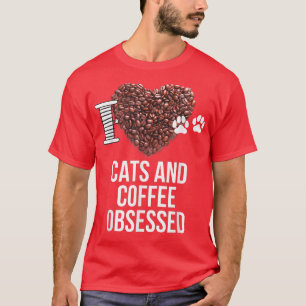 Camiseta Gatos y café obsesionados Amo los gatos y corazón 