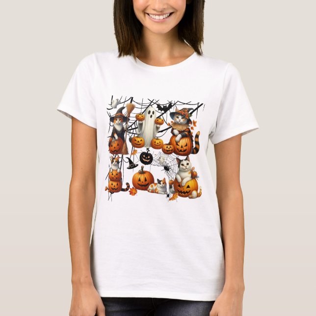 Camiseta Gatos y calabazas de Halloween (Anverso)