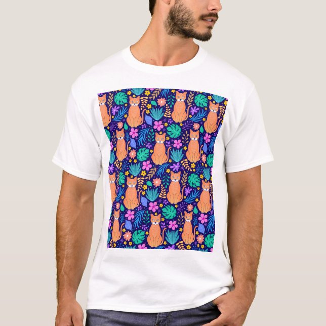 Camiseta Gatos y flores tropicales: Patrón oscuro (Anverso)