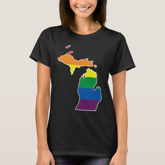 Camiseta Gay Pride Flag  Michigan State Map  Rainbow Stripe (Anverso)