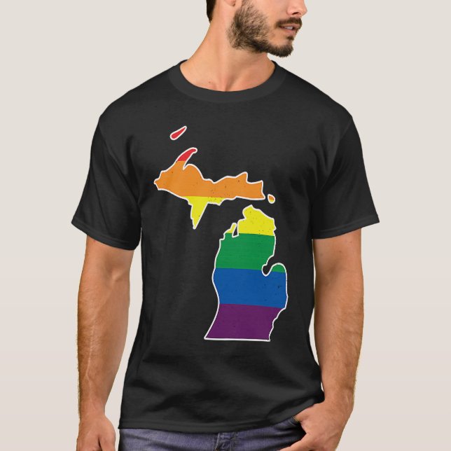 Camiseta Gay Pride Flag  Michigan State Map  Rainbow Stripe (Anverso)