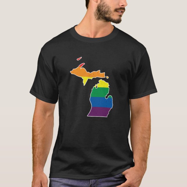 Camiseta Gay Pride Flag Michigan State Map Rainbow Stripes (Anverso)