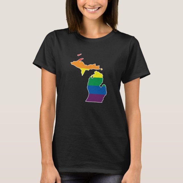 Camiseta Gay Pride Flag Michigan State Map Rainbow Stripes (Anverso)