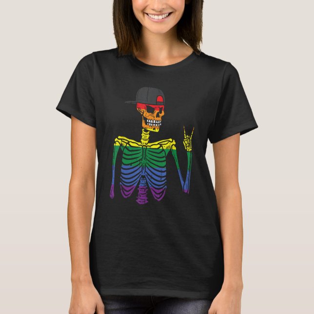Camiseta Gay Pride Rocker Skeleton Rainbow Flag Lgbtq Rock  (Anverso)