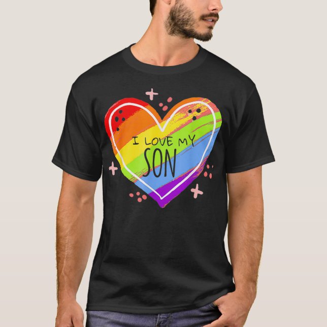 Camiseta Gay Son LGBTQ Te Amo Orgulloso Corazón Arcoiris (Anverso)