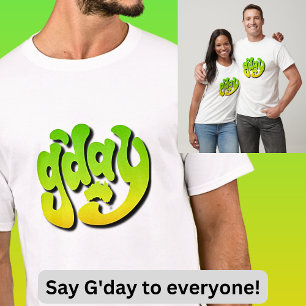 Camiseta G'DAY con Australia mapeando el oro verde en blanc