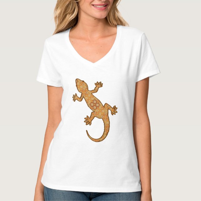 Camiseta Gecko de batik tribal - óxido, ámbar y bronceado (Anverso)