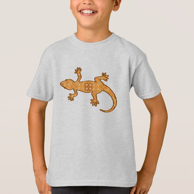 Camiseta Gecko de batik tribal - óxido, ámbar y bronceado (Anverso)