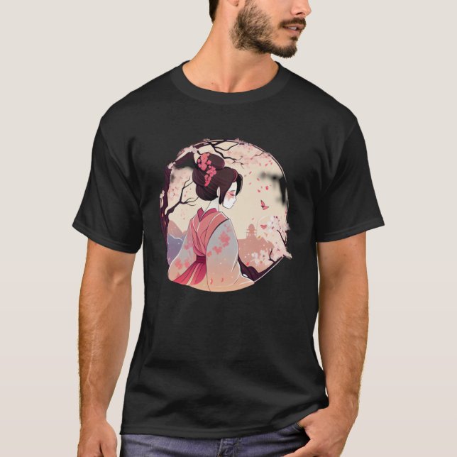 Camiseta Geisha chica japonés con flor de cerezo en caída (Anverso)