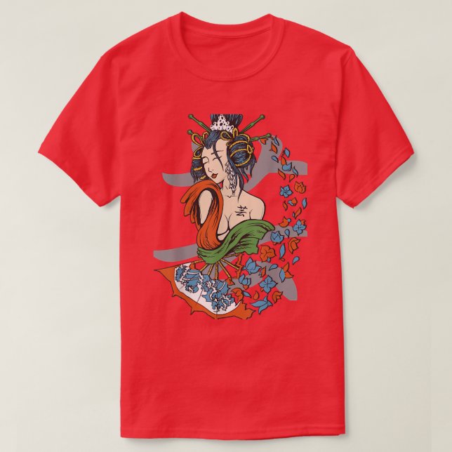 Camiseta Geisha Chica Katana Espada y tatuaje del Dragón Ja (Diseño del anverso)