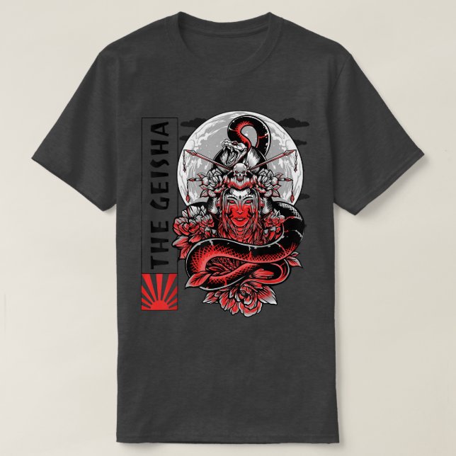 Camiseta Geisha Chica Katana Espada y tatuaje del Dragón Ja (Diseño del anverso)