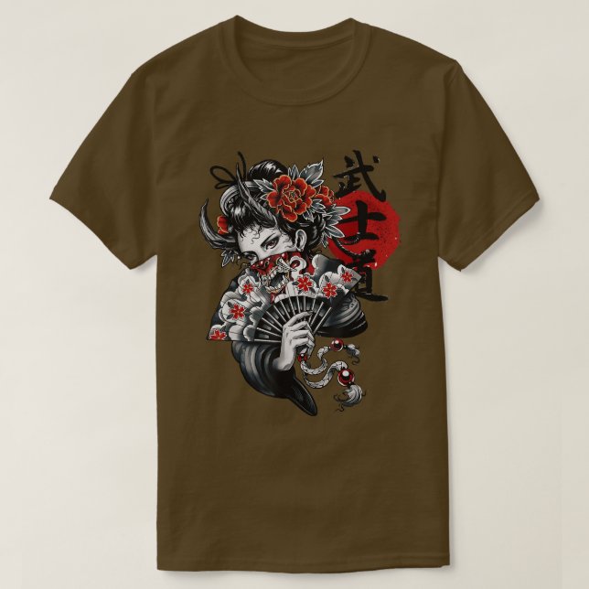Camiseta Geisha Chica Katana Espada y tatuaje del Dragón Ja (Diseño del anverso)